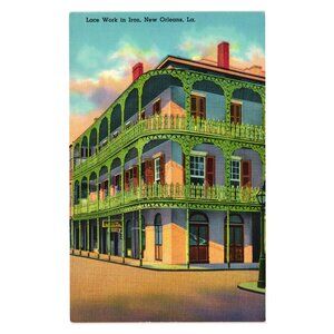 Lace Work Iron Balcony Postcard New Orleans Royal St Peter Vintage Colorful Art